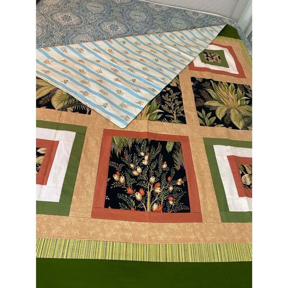 Botanical Patchwork Quilt in Green, Rust, Cream - Garden Motif
